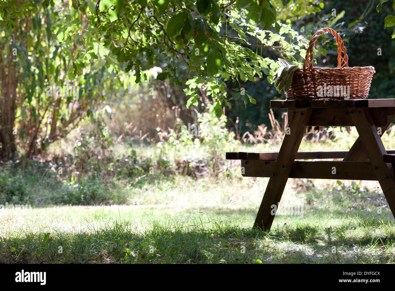 Un panier en osier avec des gants de jardinage et d'outils sur une table en bois Banque D'Images