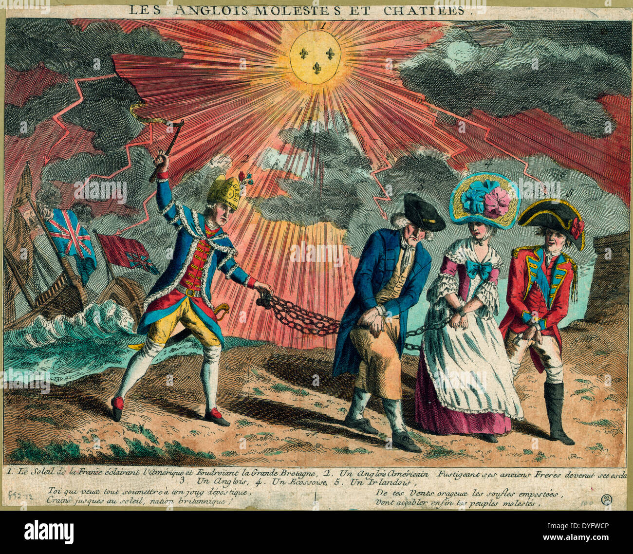 Les Anglois molestes et chatiees - l'anglais et français molesté puni - caricature politique, 1779 Banque D'Images
