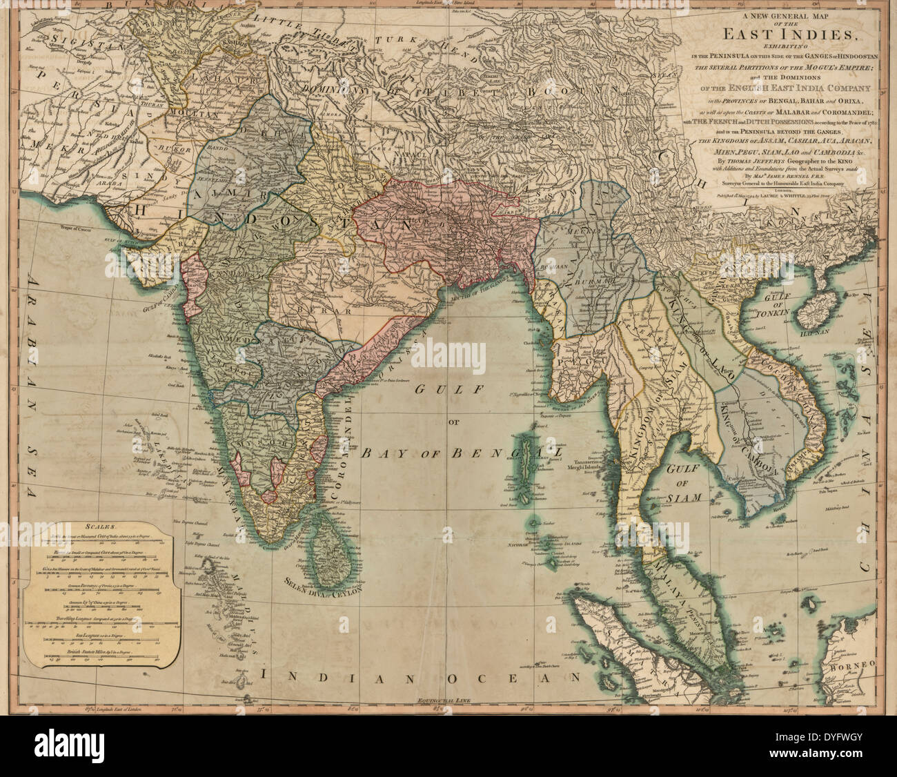 Nouvelle carte générale des Indes orientales : exposant dans la péninsule de ce côté-ci du Gange, ou Hindoostan, les plusieurs partitions de l'Empire moghol ; et les dominions de la Compagnie Anglaise des Indes orientales dans les provinces du Bengale, Bahar, Orixa, ainsi que sur les côtes de Malabar et de Coromandel ; avec les possessions françaises et néerlandaises en fonction de la paix de 1783 : dans la péninsule et au-delà du Gange, les royaumes de l'Assam, Cashar, aua, Aracan, Mien, Pegu, Siam, Laos et Cambodge, 1794 Banque D'Images