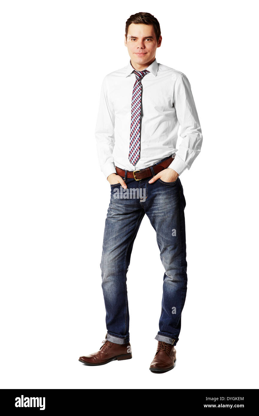 Portrait de jeune homme en chemise blanche et un jean bleu Photo Stock -  Alamy