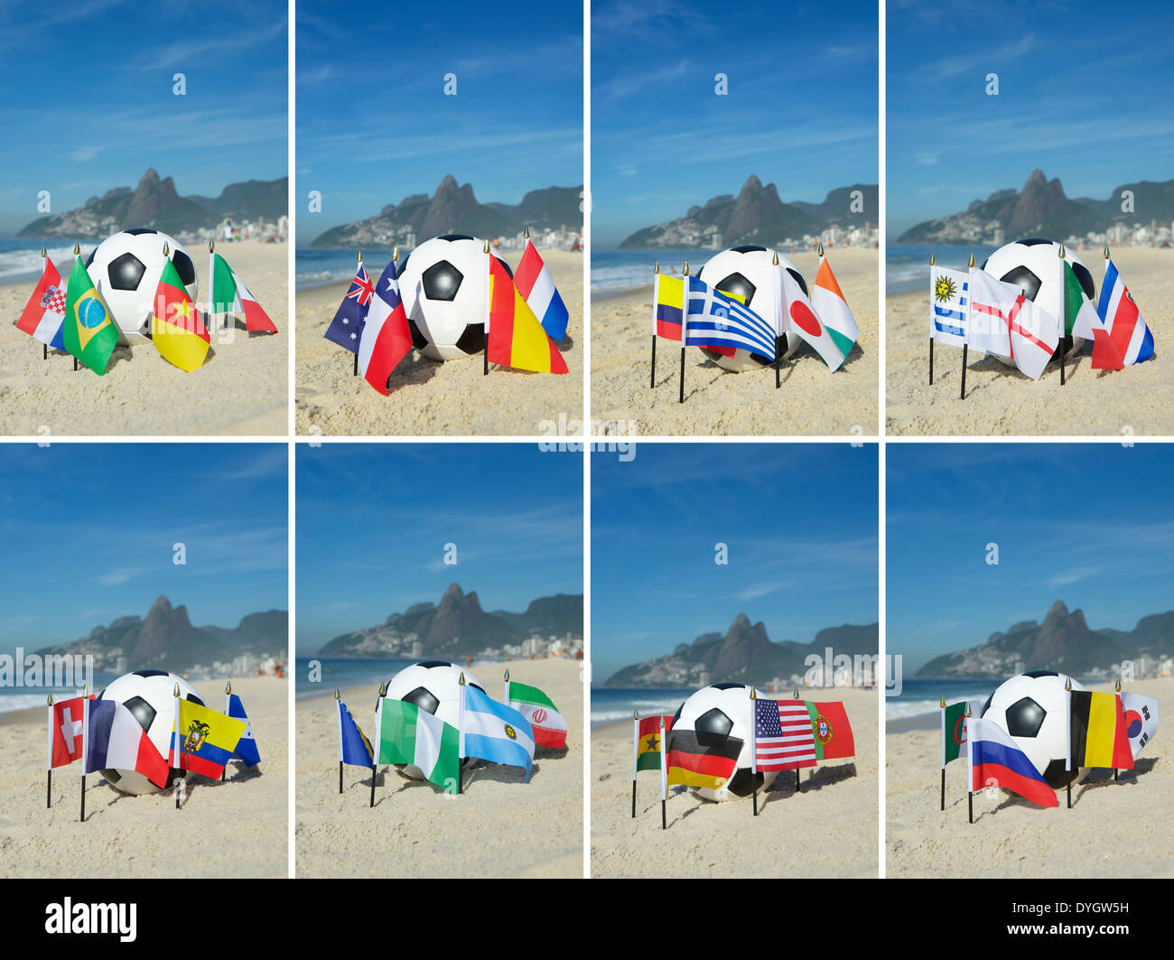 Le football international Groupe pays drapeaux avec ballon de soccer sur la plage d'Ipanema à Rio de Janeiro Brésil Banque D'Images