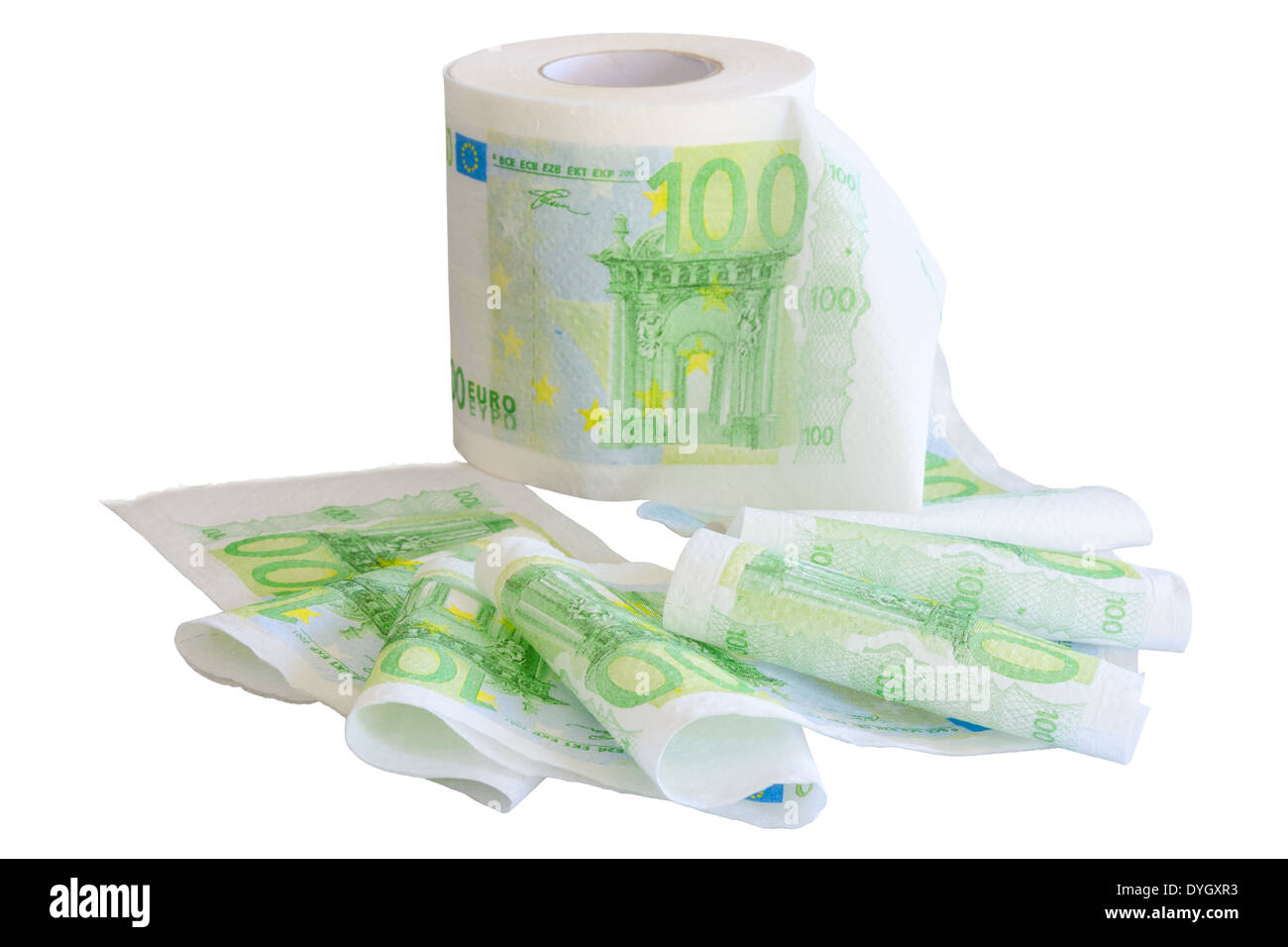 Fait la papier toilette avec 100 billets libre isolated on white Banque D'Images