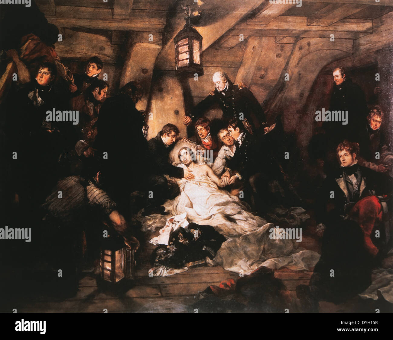 Le blessé à mort l'amiral Horatio Nelson se trouve à bord du HMS Victory, 1805, Peinture par Arthur William Devis circa 1807 Banque D'Images