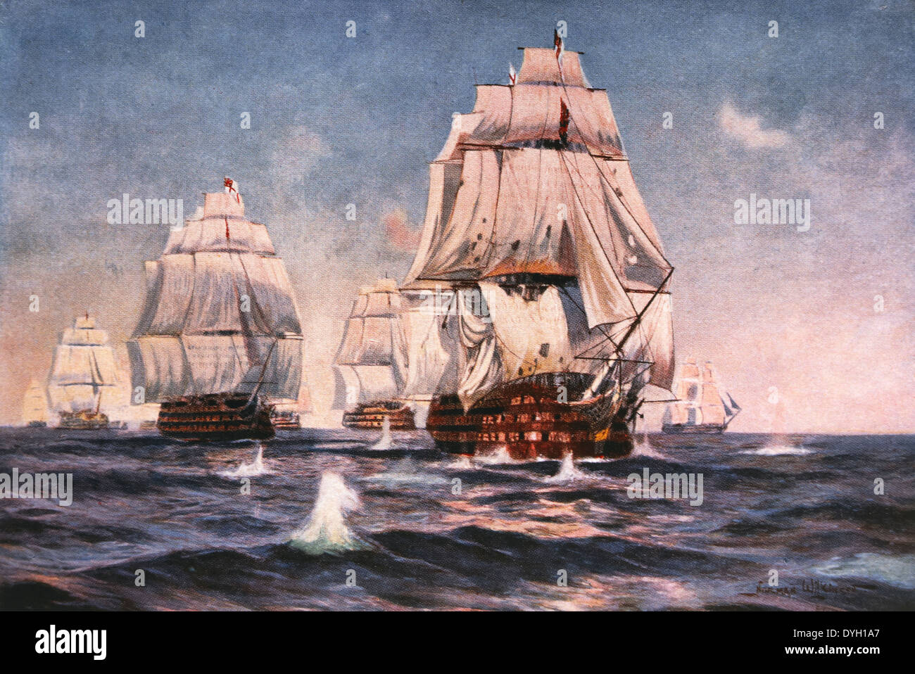 Le vaisseau amiral de Nelson Victoria lors de la bataille de Trafalgar, le 21 octobre 1805, Peinture par Norman Wilkinson vers 1907 Banque D'Images