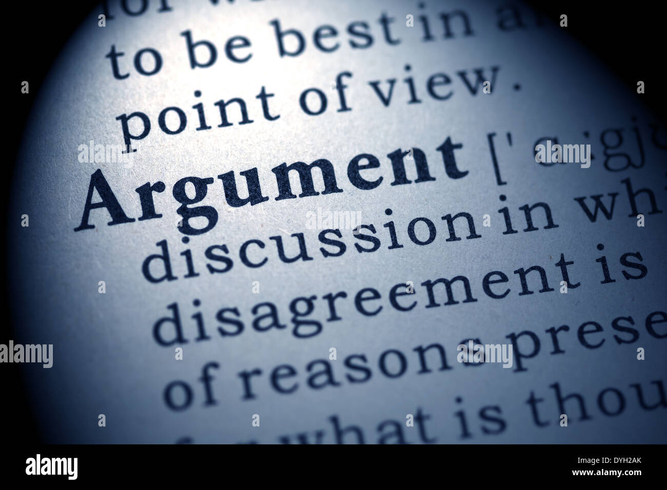 Faux dictionnaire, dictionnaire définition du mot argument. Banque D'Images