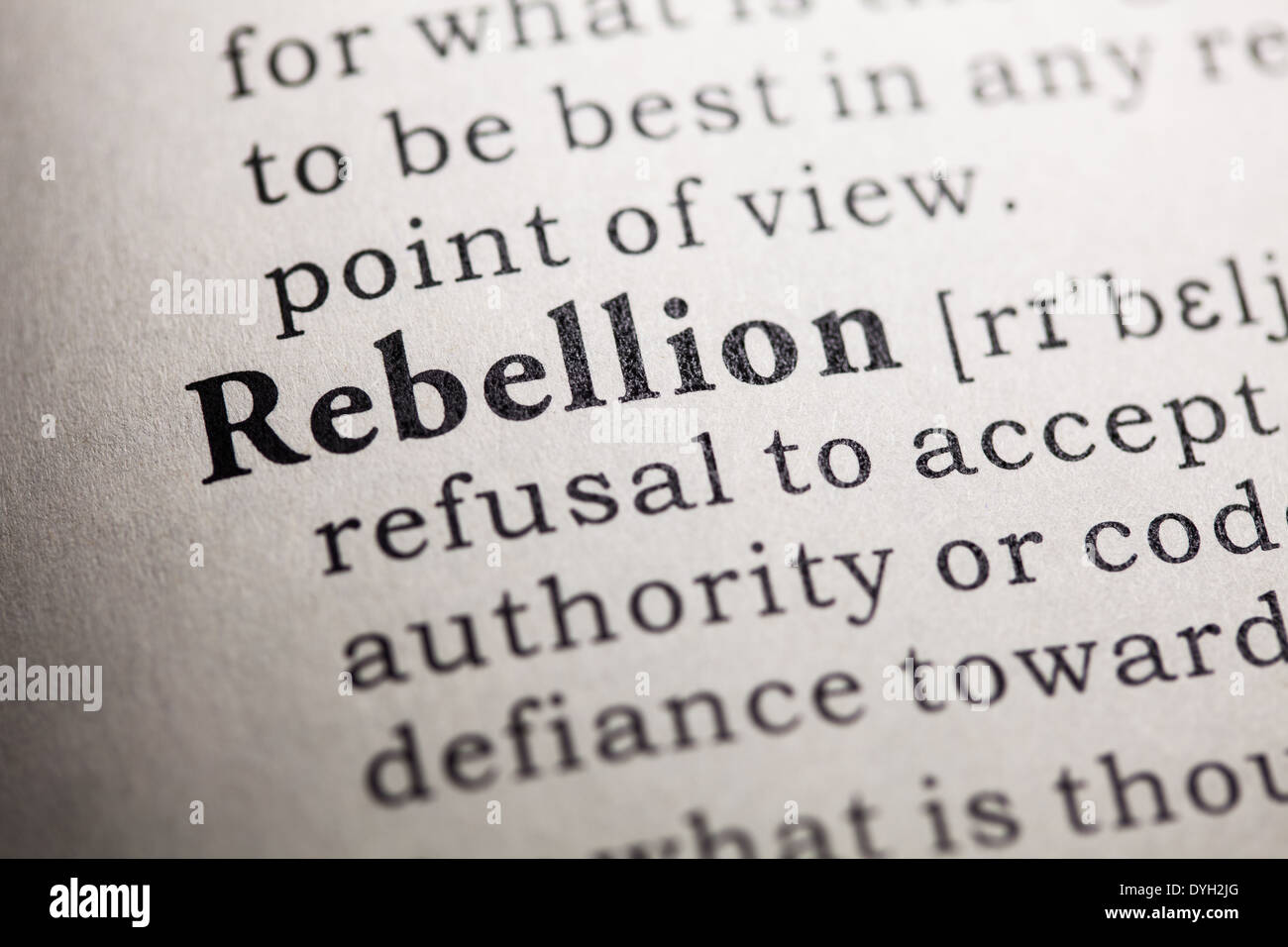 Faux dictionnaire, dictionnaire définition du mot rébellion. Banque D'Images