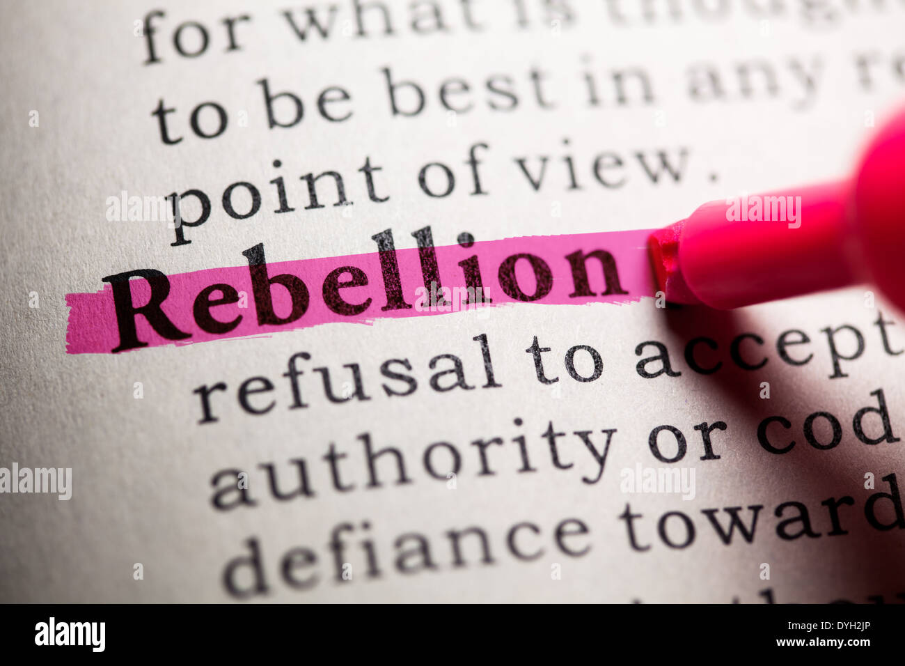 Faux dictionnaire, dictionnaire définition du mot rébellion. Banque D'Images