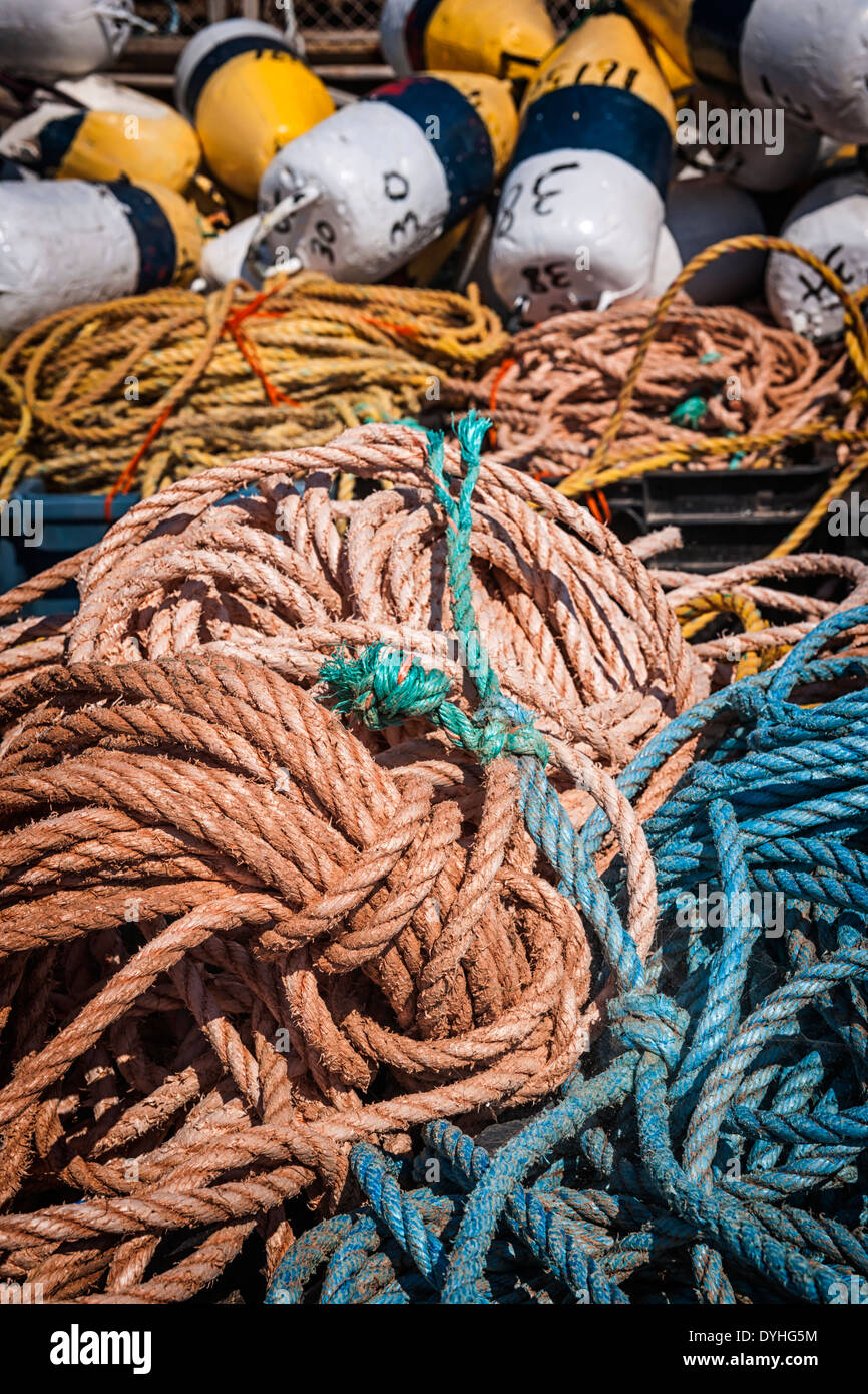 Les flotteurs et la corde pour la pêche au homard dans la région de North Rustico, Prince Edward Island, Canada. Banque D'Images