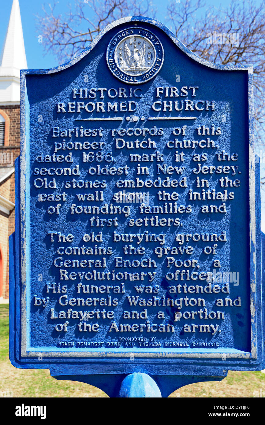 L'extérieur du marqueur Historique Historique Première Église réformée Hackensack New Jersey Banque D'Images