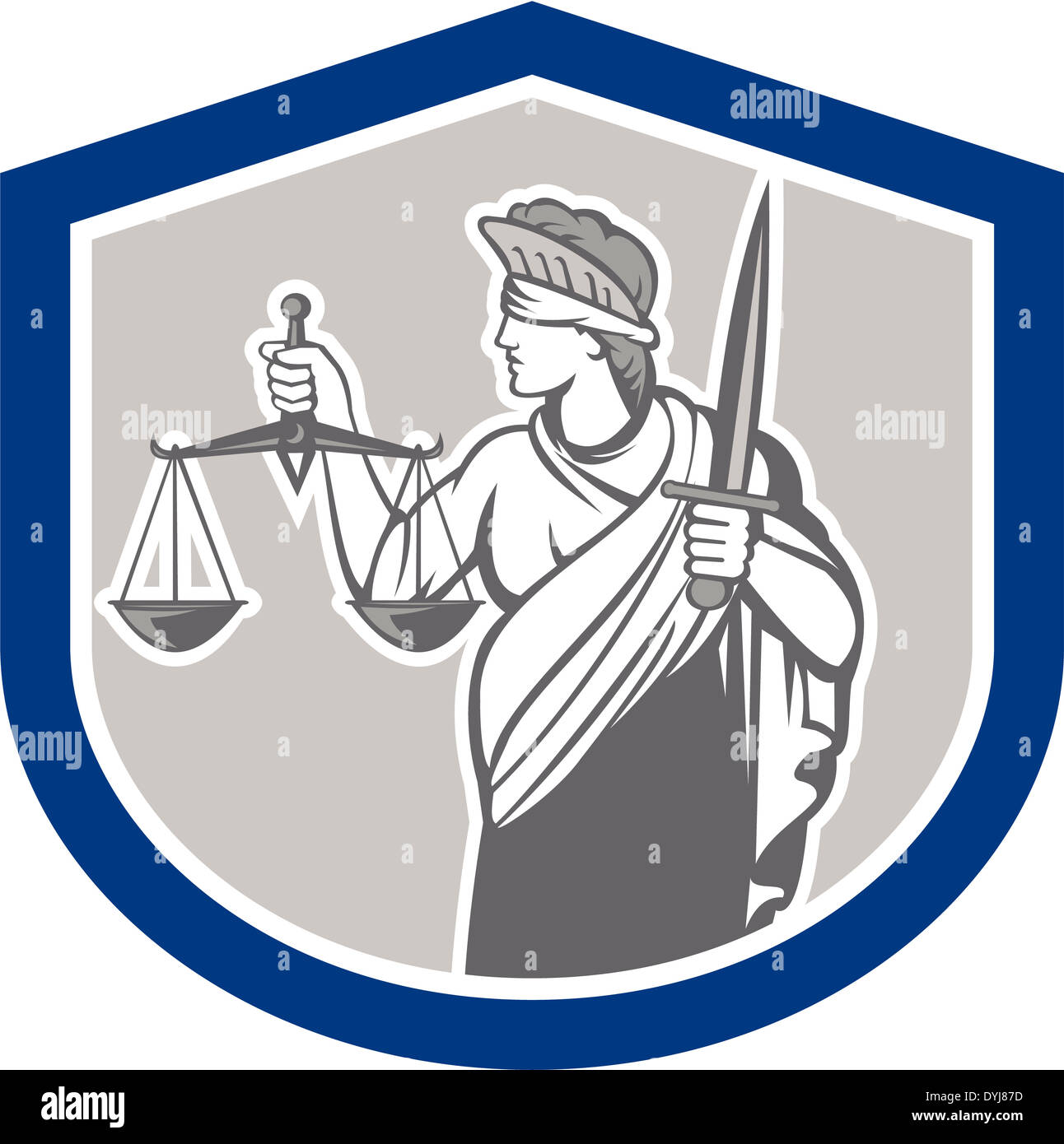 Illustration de la dame aux yeux bandés face tenant une balance de la justice et l'épée vu de côté situé à l'intérieur crest shie Banque D'Images