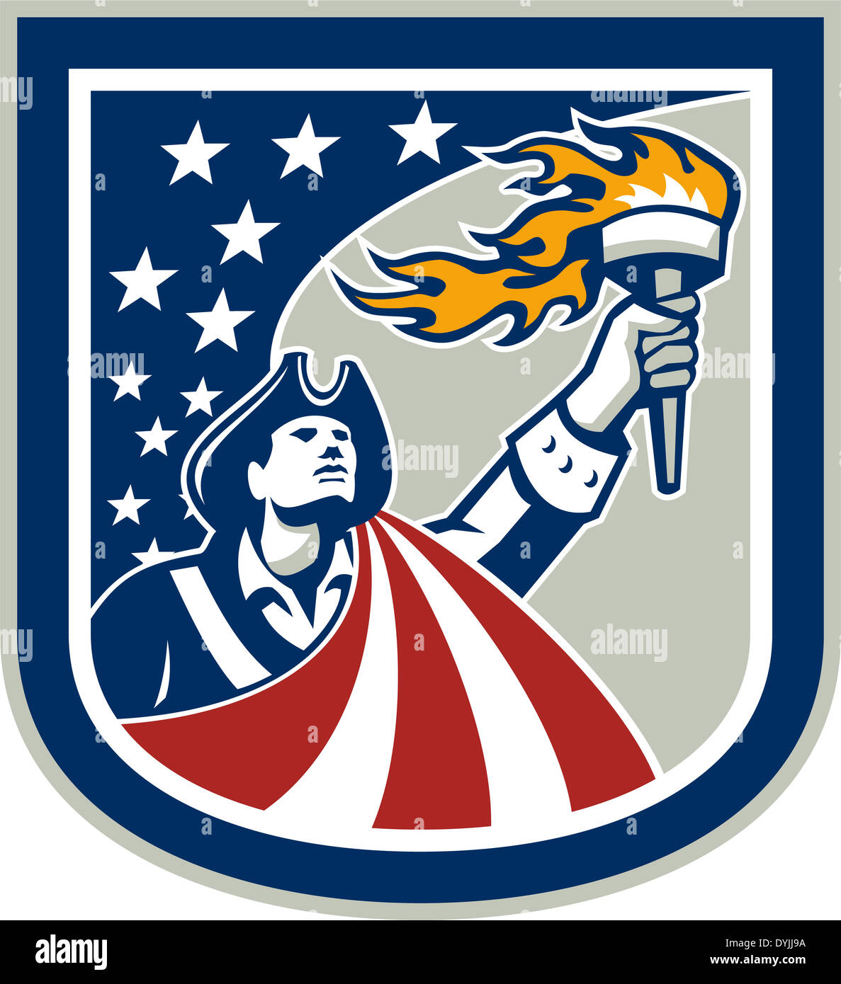 Illustration d'un patriote américain brandissant une torche enflammée à l'intérieur set up shield crest forme avec USA stars et bande Banque D'Images