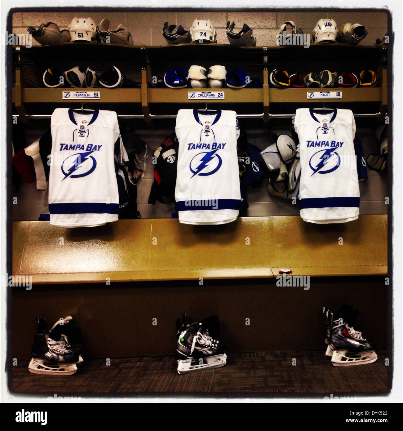 Montréal, en Floride, aux États-Unis. Apr 20, 2014. DIRK SHADD | fois .le Lightning de Tampa Bay vestiaire avant que les joueurs arrivent au Centre Bell de prendre sur les Canadiens de Montréal pour le jeu 3 de la série éliminatoire de la coupe Stanley à Montréal dimanche soir (04/20/14) © Dirk Shadd/Tampa Bay Times/ZUMAPRESS.com/Alamy Live News Banque D'Images