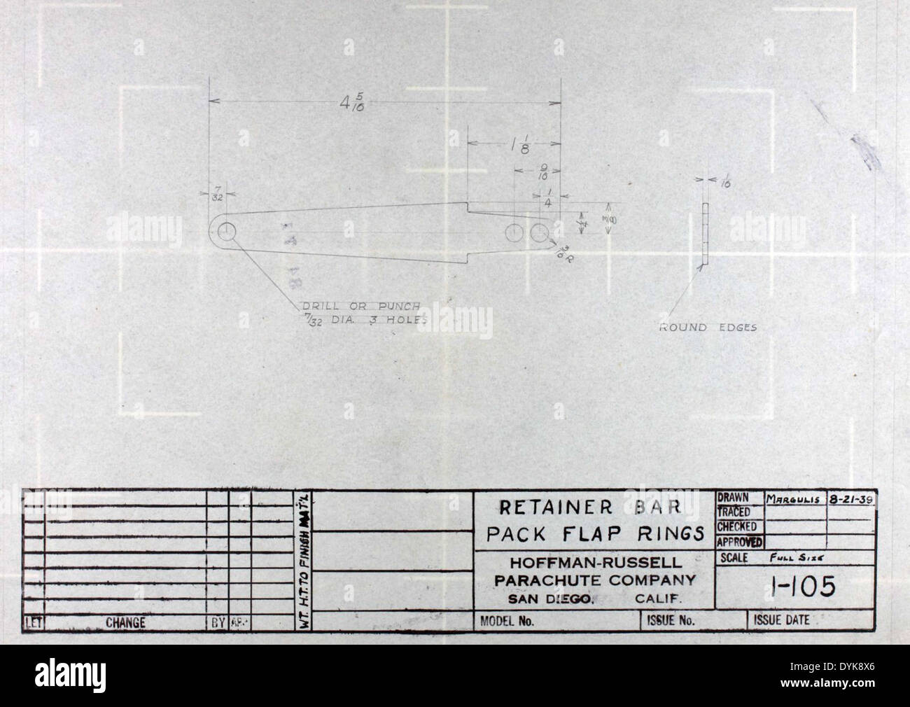Ce schéma montre un anneau de rabat de paquet de barres de retenue, un composant essentiel utilisé dans les parachutes conçus par James M. Russell. L'anneau de rabat assure le déploiement et le fonctionnement sécurisés des parachutes, essentiels pour la sécurité et la fiabilité des parachutes. Banque D'Images