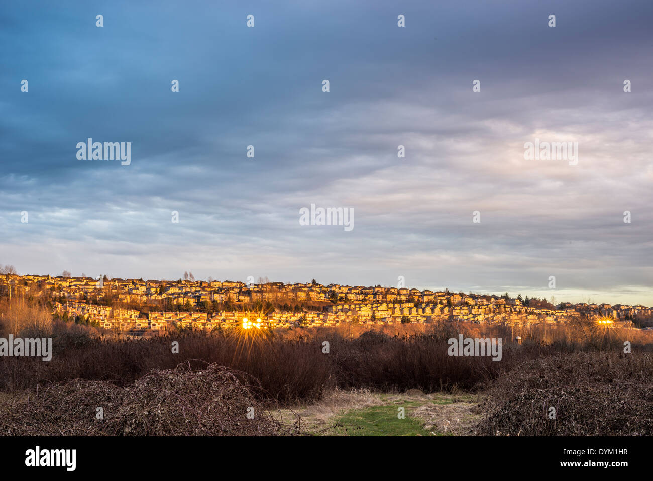 Vue sur les maisons reflétant le coucher de soleil depuis le parc local Banque D'Images