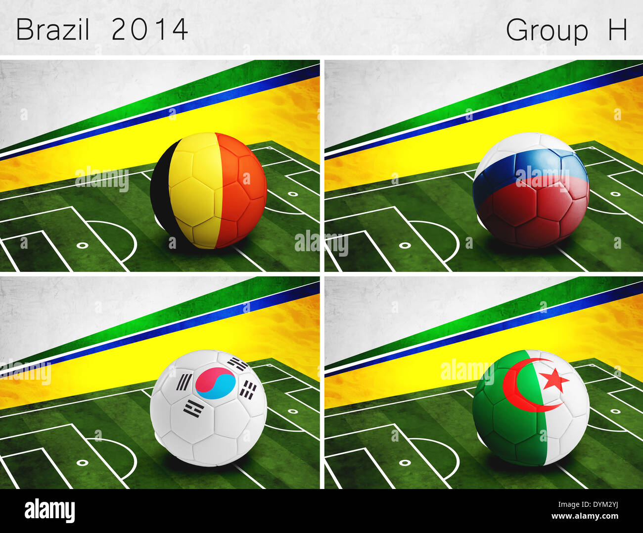 Brésil 2014, Groupe H. des ballons de foot avec les drapeaux des pays participants du tournoi mondial de football au Brésil, 2014. Banque D'Images