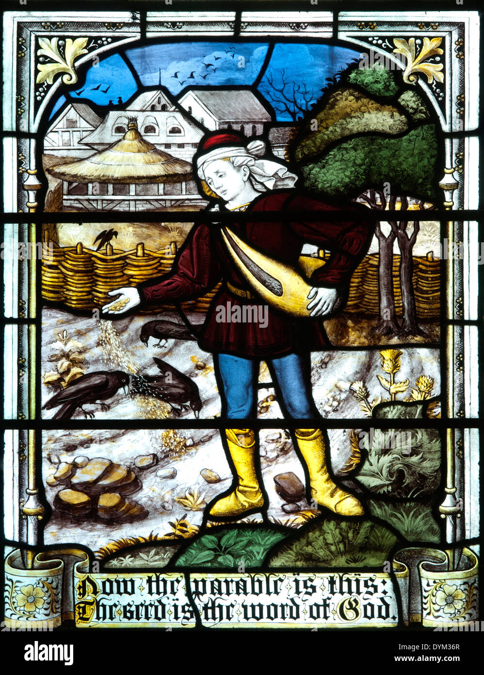 Parabole du Semeur de vitraux, l'église Saint-Jacques, Great Horwood, Buckinghamshire, England, UK Banque D'Images