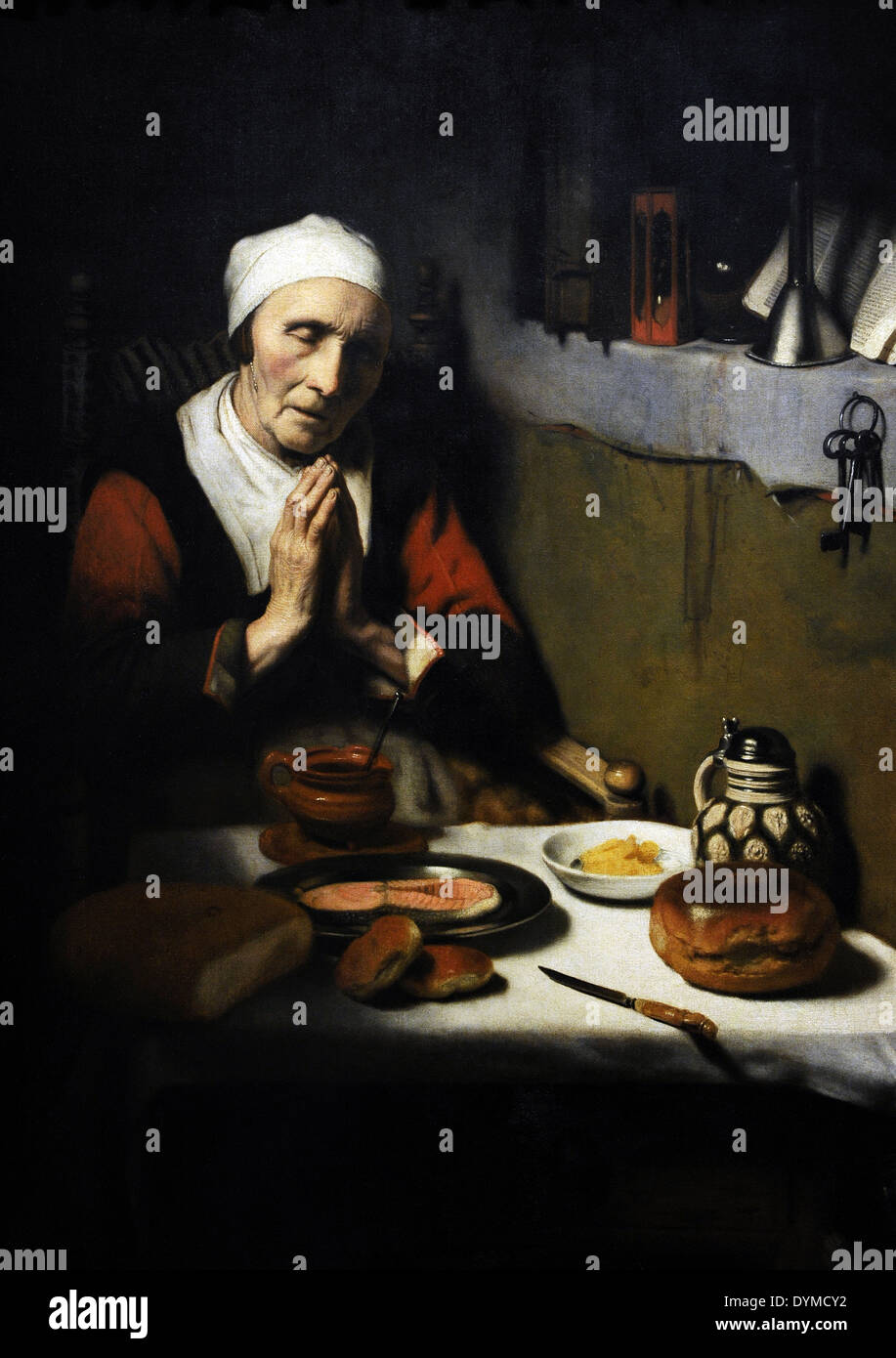 Nicolaes MAES (1634-1693). Peintre hollandais. Vieille Femme disant grâce, c. 1656. Rijksmuseum. Amsterdam. La Hollande. Banque D'Images