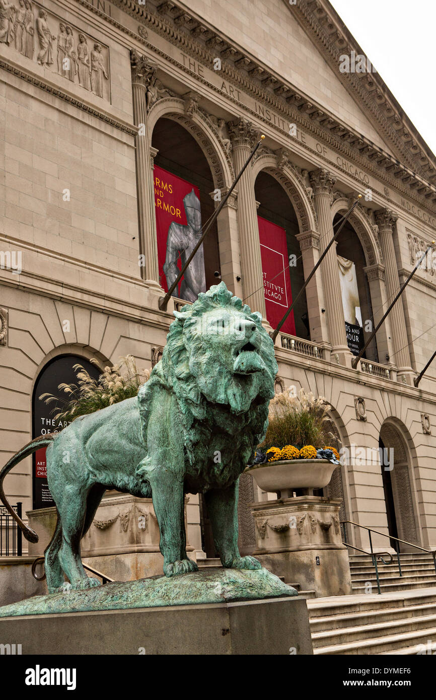 Lions en bronze à l'entrée à l'Art Institute de Chicago, Illinois Banque D'Images