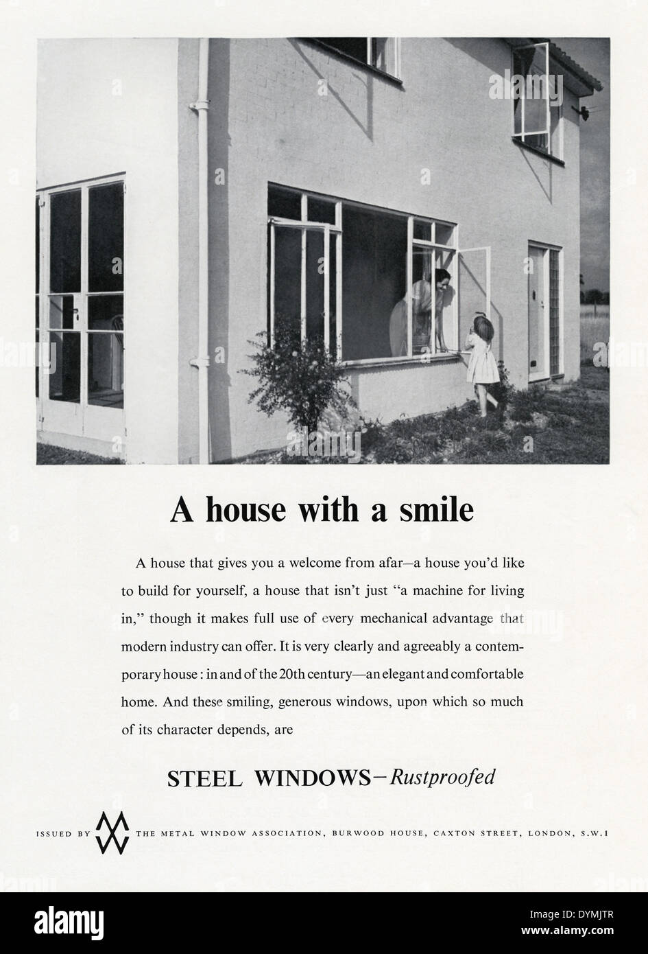 Ancienne publicité pour les veuves de style Crittall acier à partir de la fenêtre acier 'Metal' Association. L'annonce a paru dans un magazine en 1956 Banque D'Images