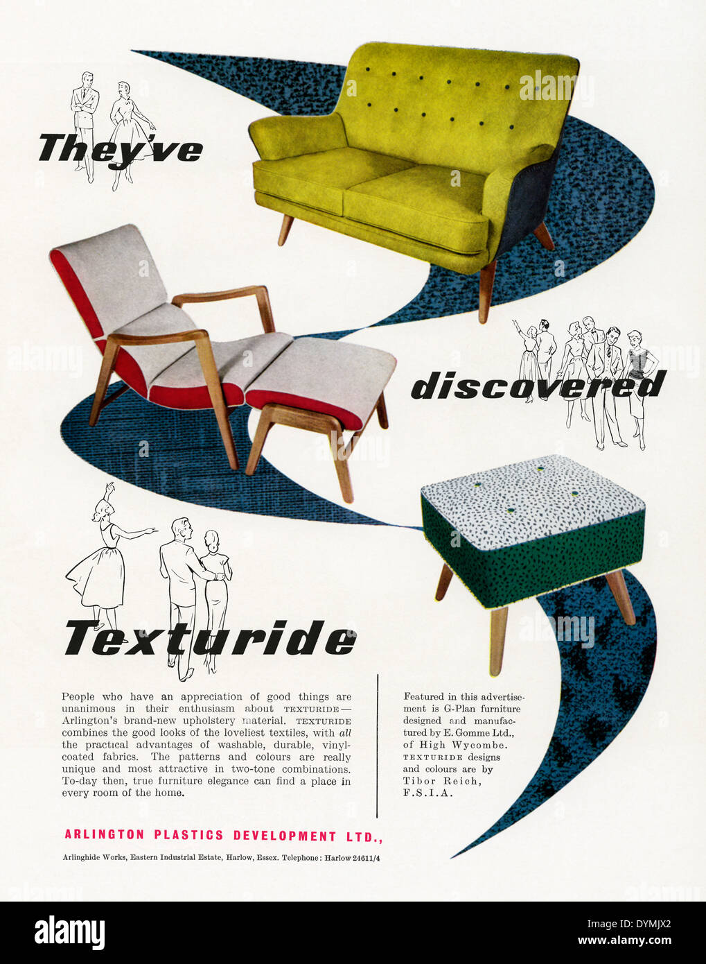 Ancienne publicité pour G-Plan, Texturide-couverts, simili cuir chaises, canapés et tabourets. L'annonce a paru dans un magazine en 1956 Banque D'Images