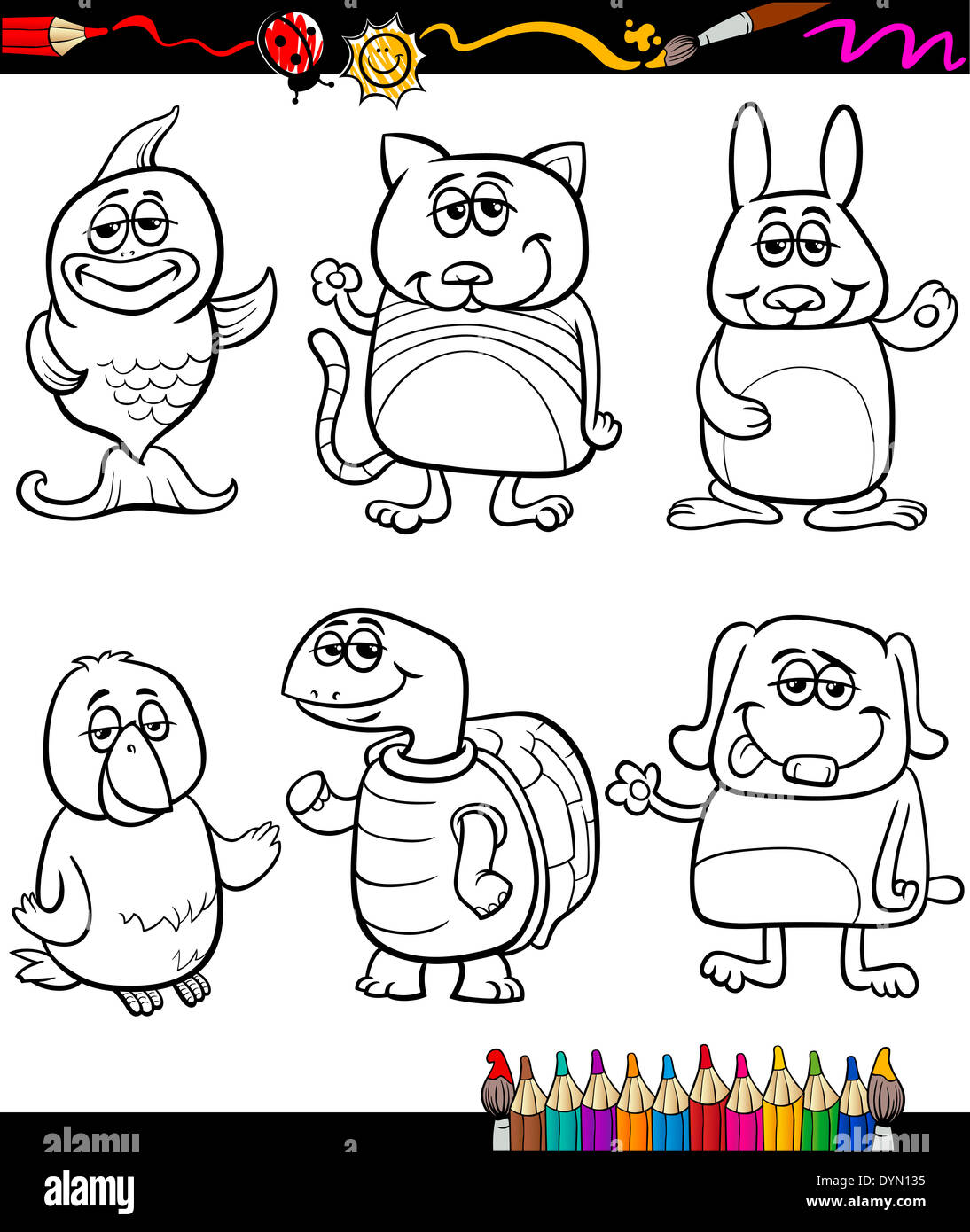 Livre de coloriage ou une série d'Illustration Cartoon Page noir et blanc animaux mignons personnages animaux pour les enfants Banque D'Images