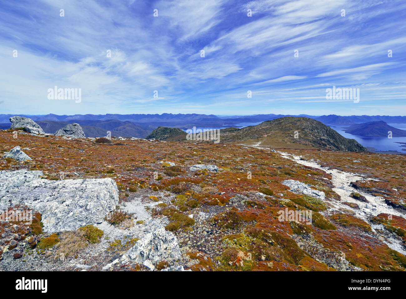 Paysage à distance du sud-ouest de la Tasmanie, Parc National Banque D'Images