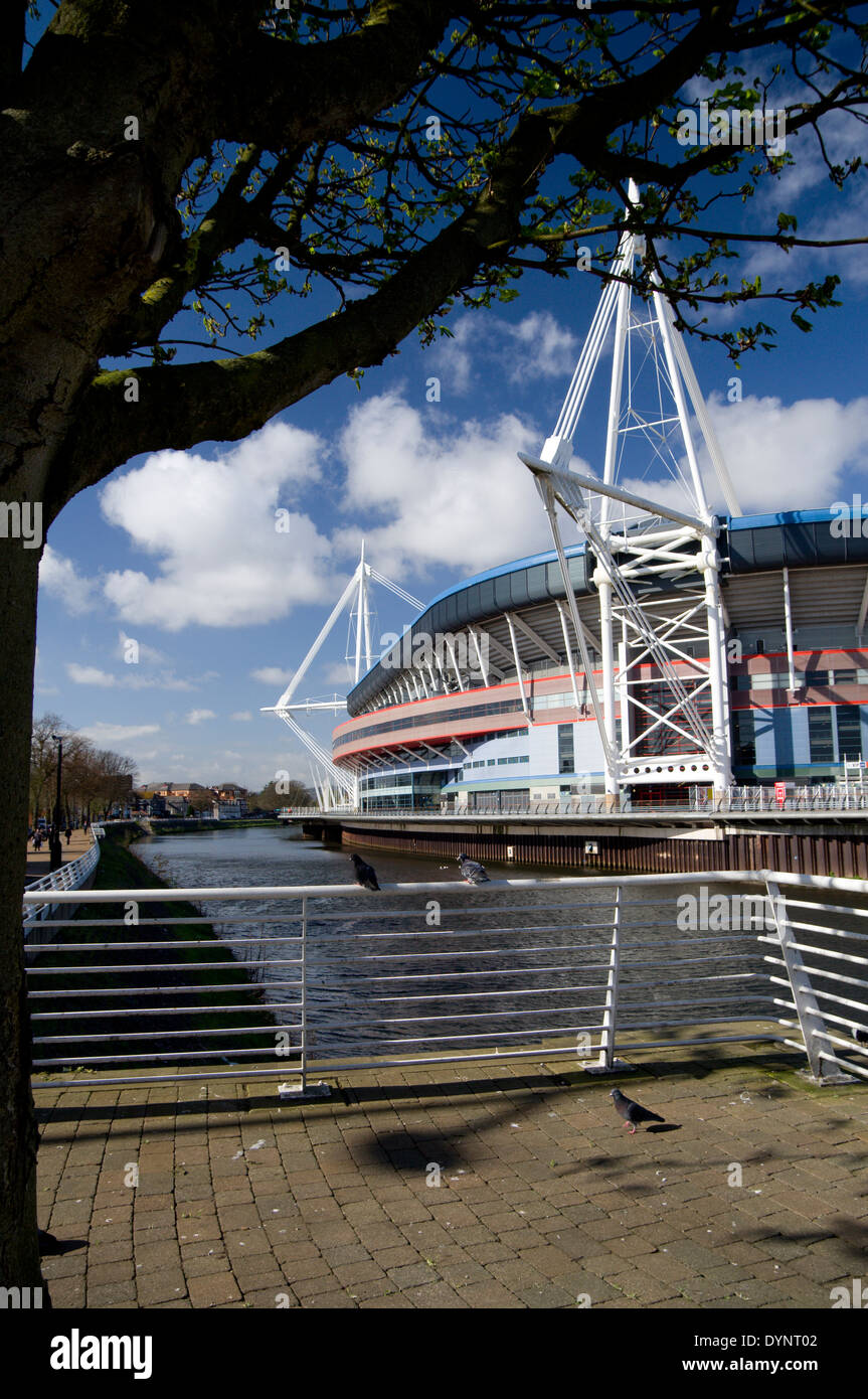 Millennium Stadium et de la rivière Taff, Cardiff, Pays de Galles. Banque D'Images