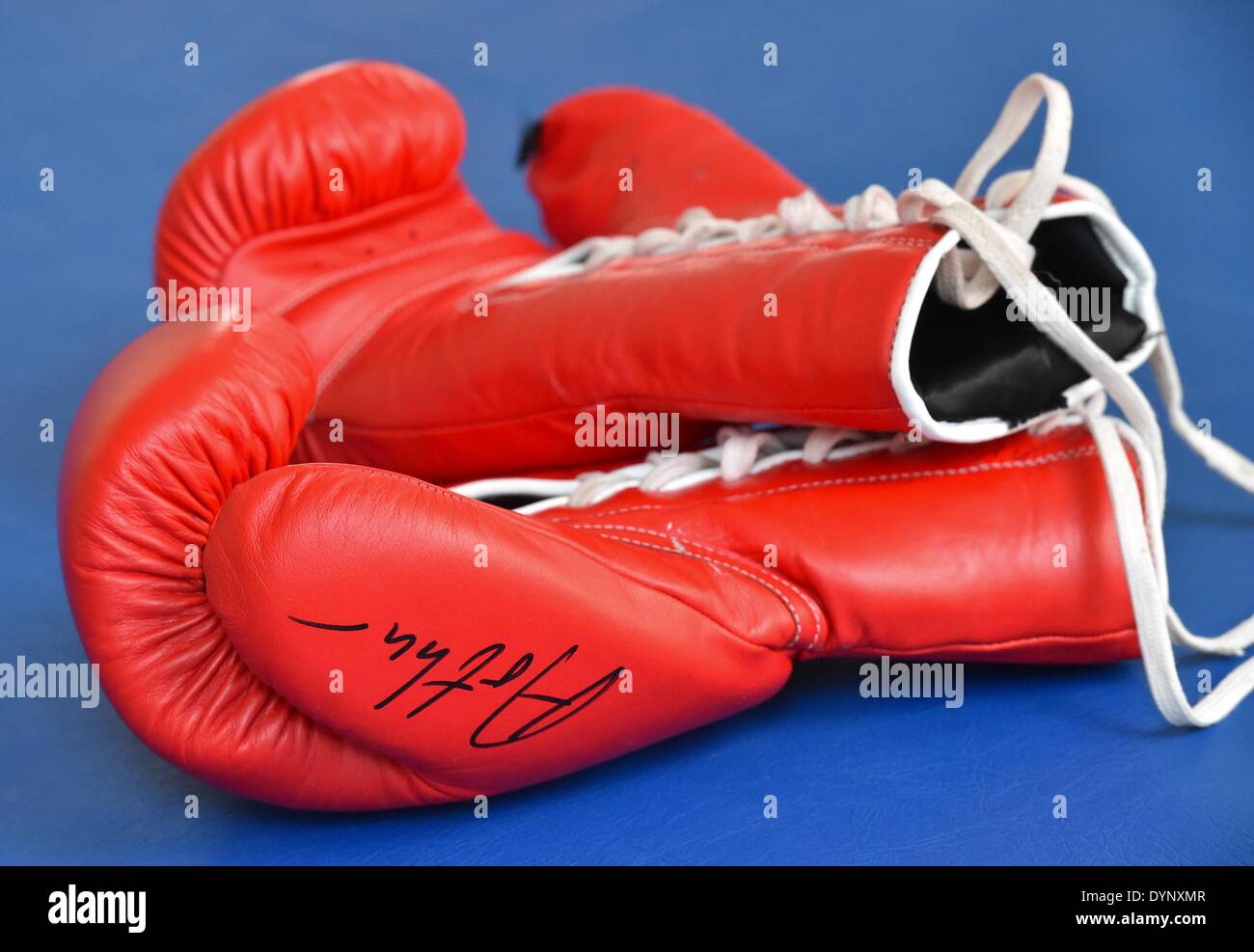 Allemagne, Kienbaum. Apr 23, 2014. Champion du Monde WBO Arthur Abraham's des gants de boxe est assis sur le tapis au cours de la session de formation de presse au Centre National d'entraînement en Allemagne, Kienbaum, 23 avril 2014. Il se battra Monténégro Sjekloca pour défendre son titre WBO super poids moyens à Berlin le 03 mai 2014. Photo : PATRICK PLEUL/dpa/Alamy Live News Banque D'Images