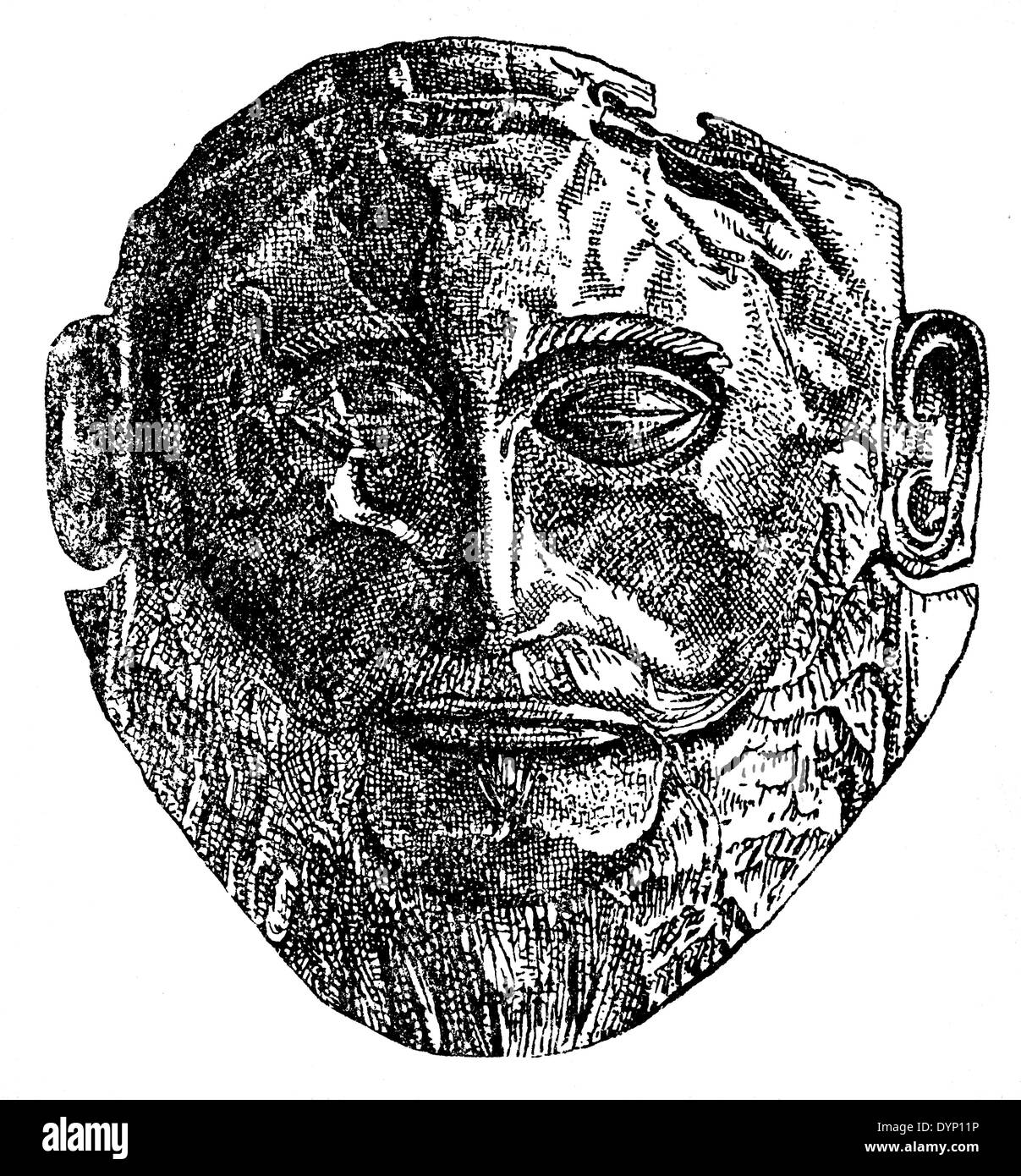 Le grec ancien masque funéraire mycénien, 'Mask' d'Agamemnon, illustration de l'Encyclopédie Soviétique, 1938 Banque D'Images