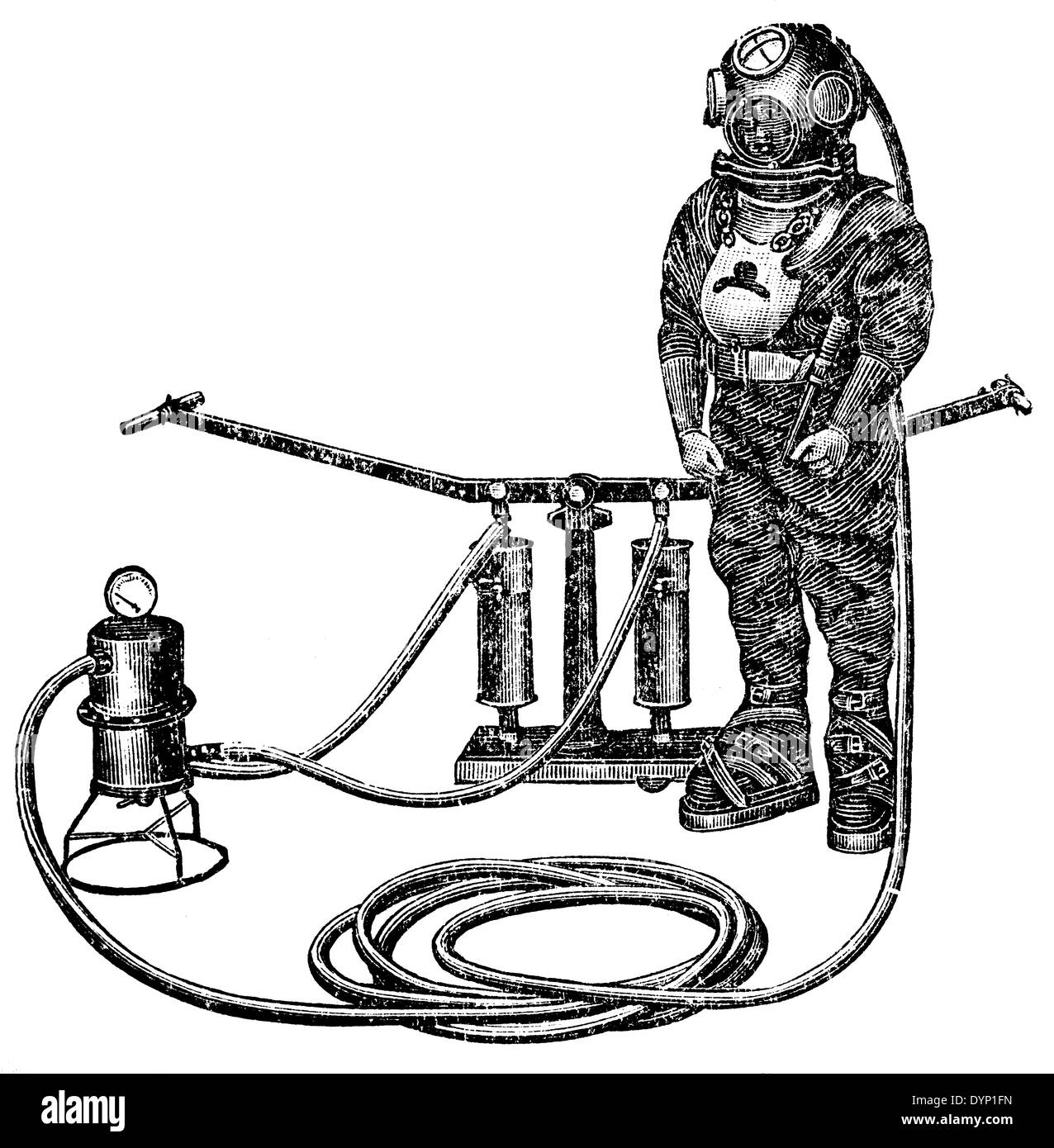 L'équipement de plongée vintage, illustration de l'Encyclopédie Soviétique, 1928 Banque D'Images