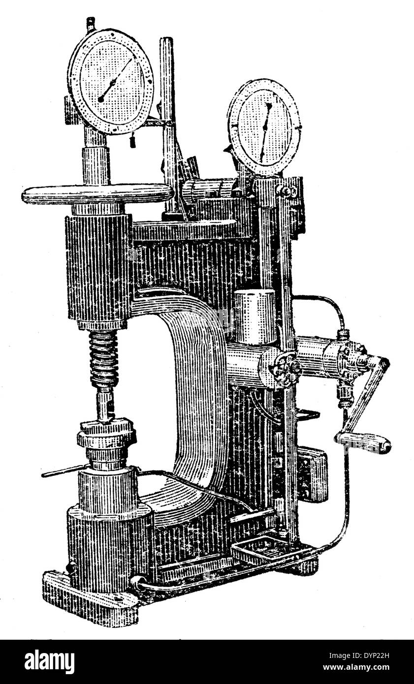 Pour l'équipement d'essai de dureté Brinell, illustration de l'Encyclopédie Soviétique, 1927 Banque D'Images