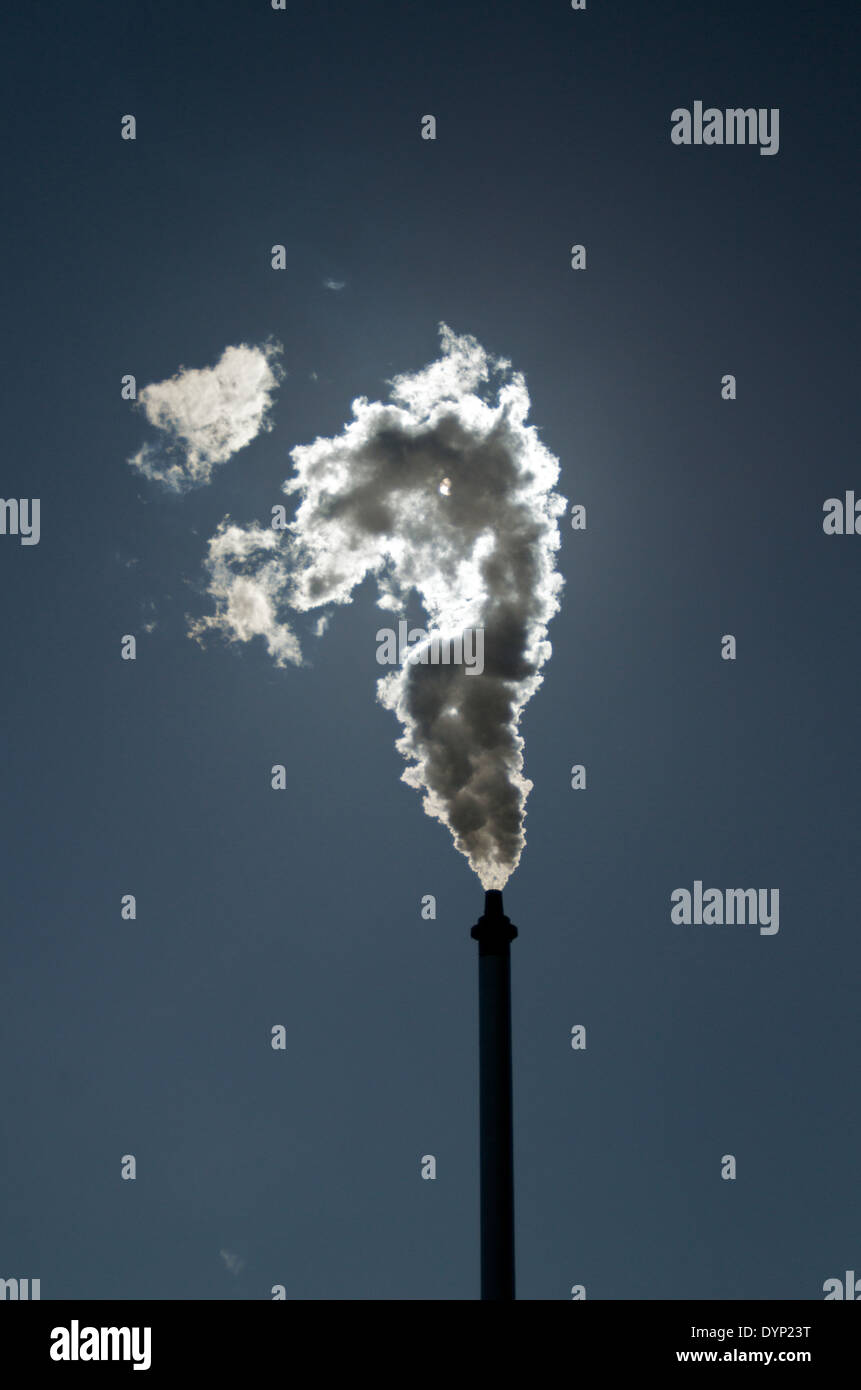 La distillerie de whisky de grain des éructations cheminée dehors la vapeur, éclairé par le soleil, ciel partiellement obscurci, contre le ciel bleu. Clyde Glasgow. Banque D'Images