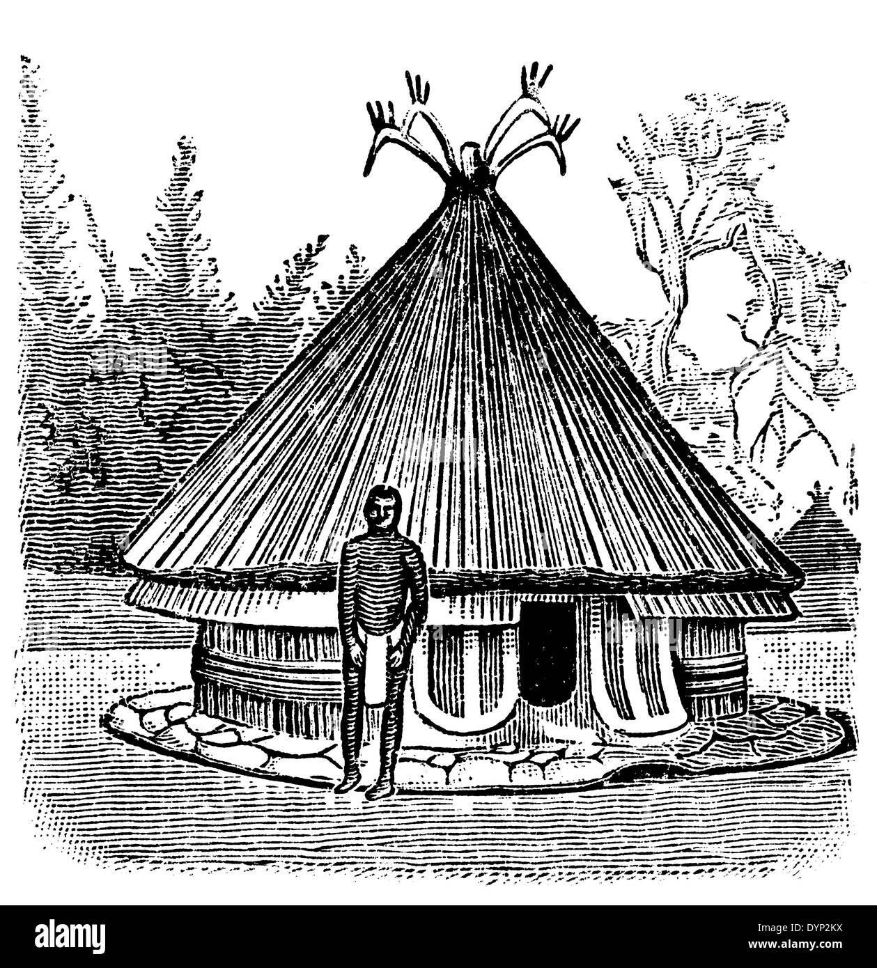 Maison rurale traditionnelle de l'Afrique centrale, de l'illustration de l'Encyclopédie Soviétique, 1926 Banque D'Images