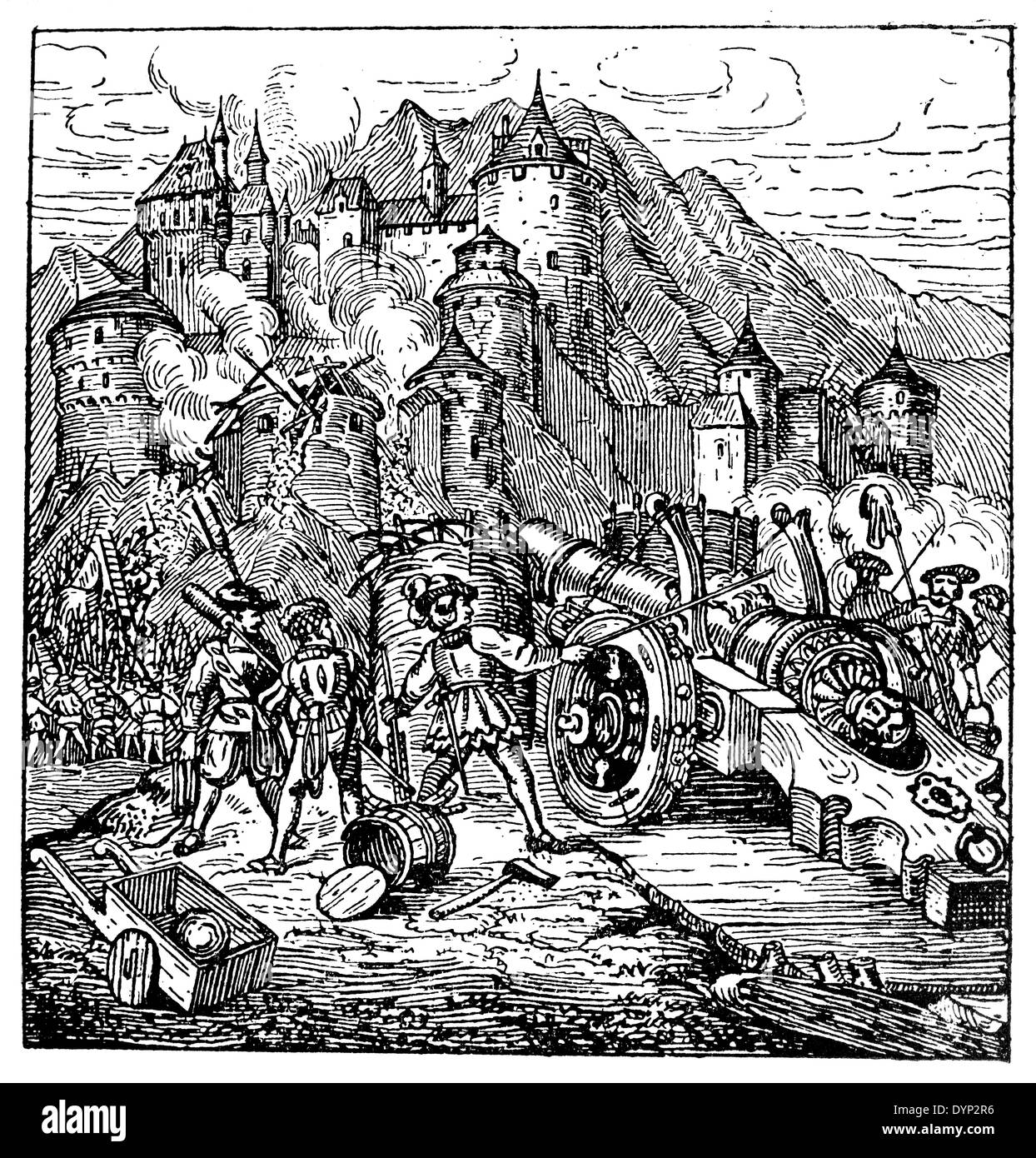 Siège de l'artillerie médiévale, château, illustration de l'Encyclopédie Soviétique, 1926 Banque D'Images