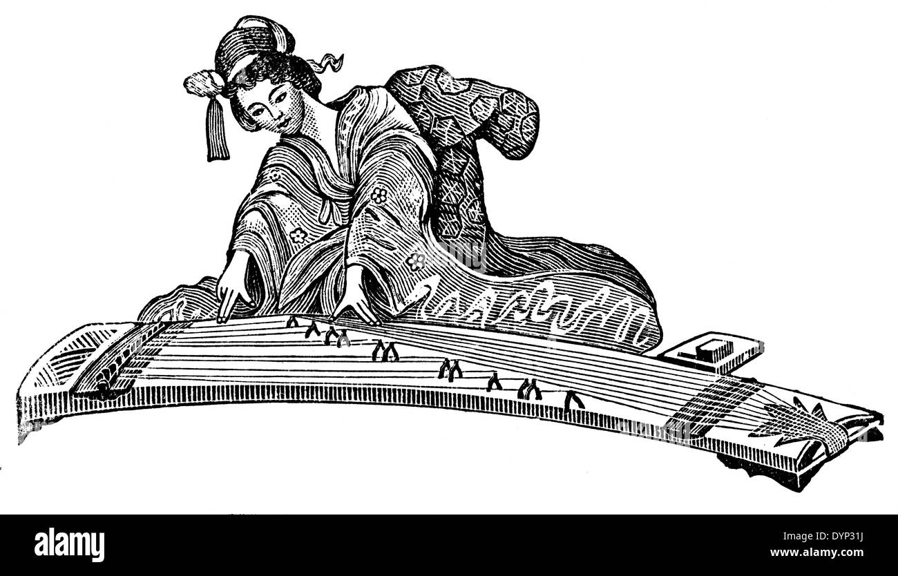 Girl playing on koto japonais, instrument de musique, l'illustration de l'Encyclopédie Soviétique, 1926 Banque D'Images