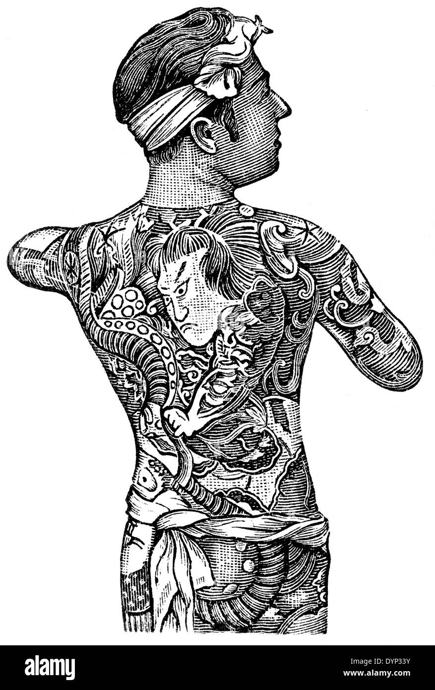 L'homme japonais avec tattoo, illustration de l'Encyclopédie Soviétique, 1926 Banque D'Images