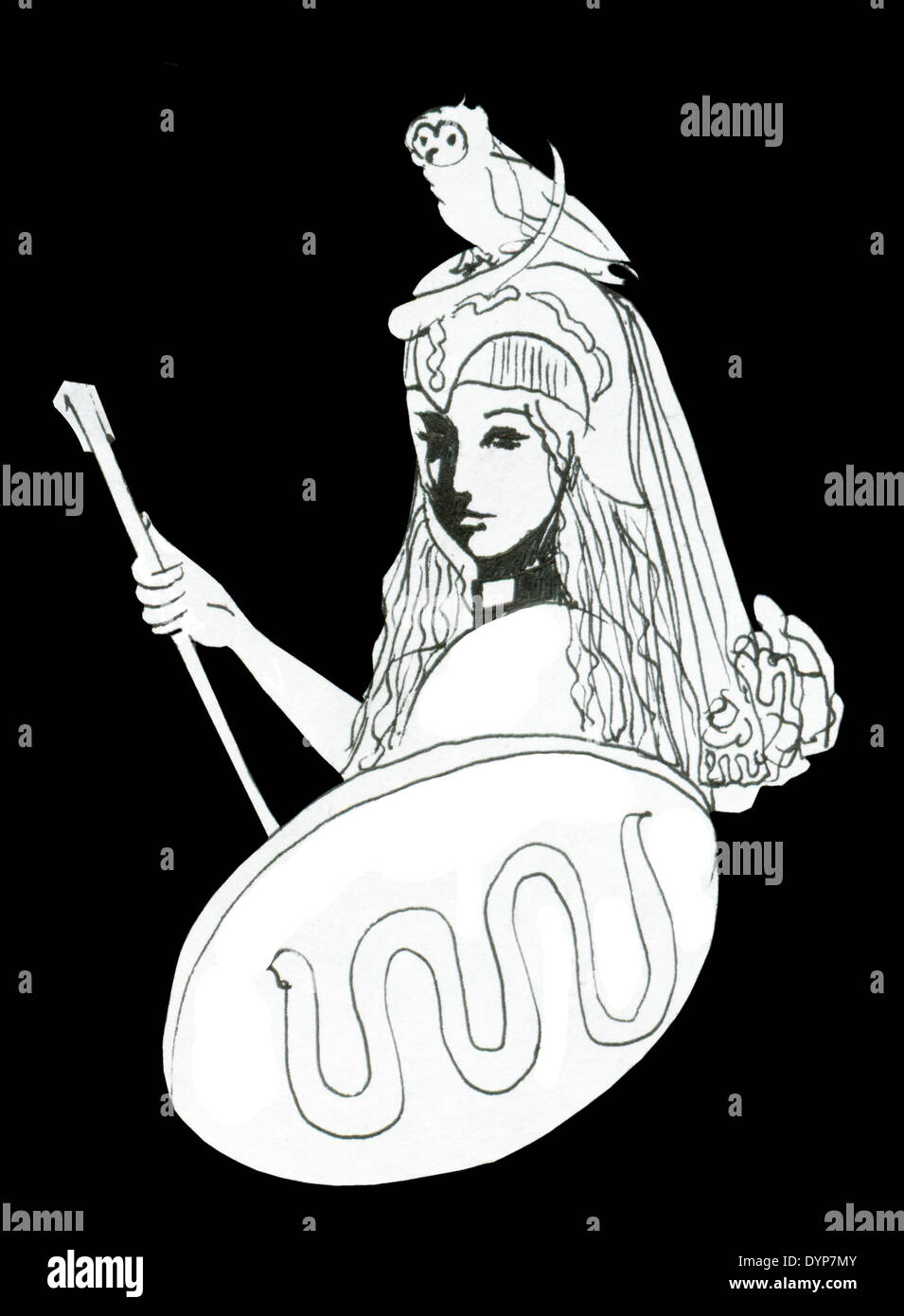 Pallas Athéna, déesse symbole de sagesse, d'intelligence, de créativité et de force par exemple, dessin à l'encre avec des attributs. Banque D'Images
