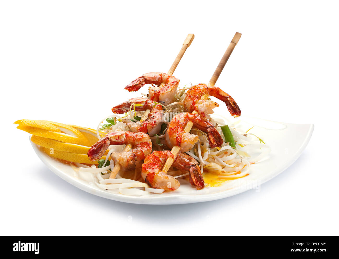 La nourriture thaïe et les nouilles grillées srimp isolated on white Banque D'Images