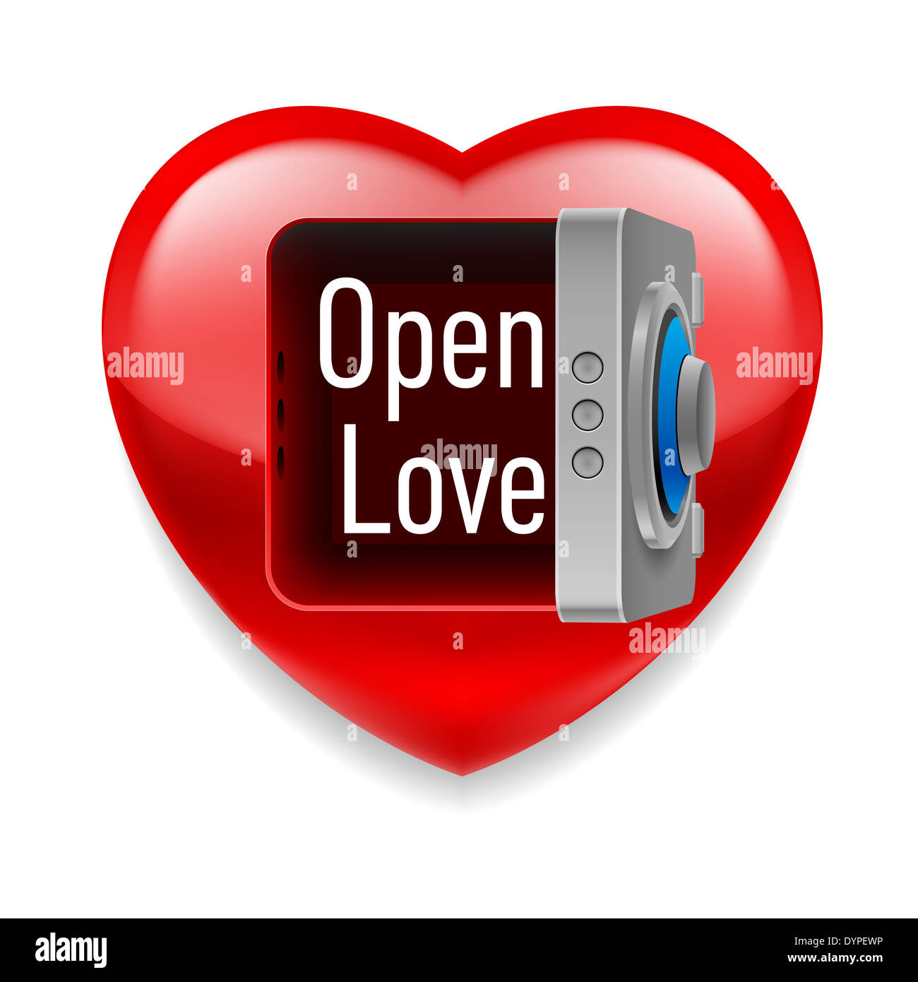 Coeur rouge brillant avec ouvrir la porte du coffre et ouvrez l'amour  message à l'intérieur Photo Stock - Alamy
