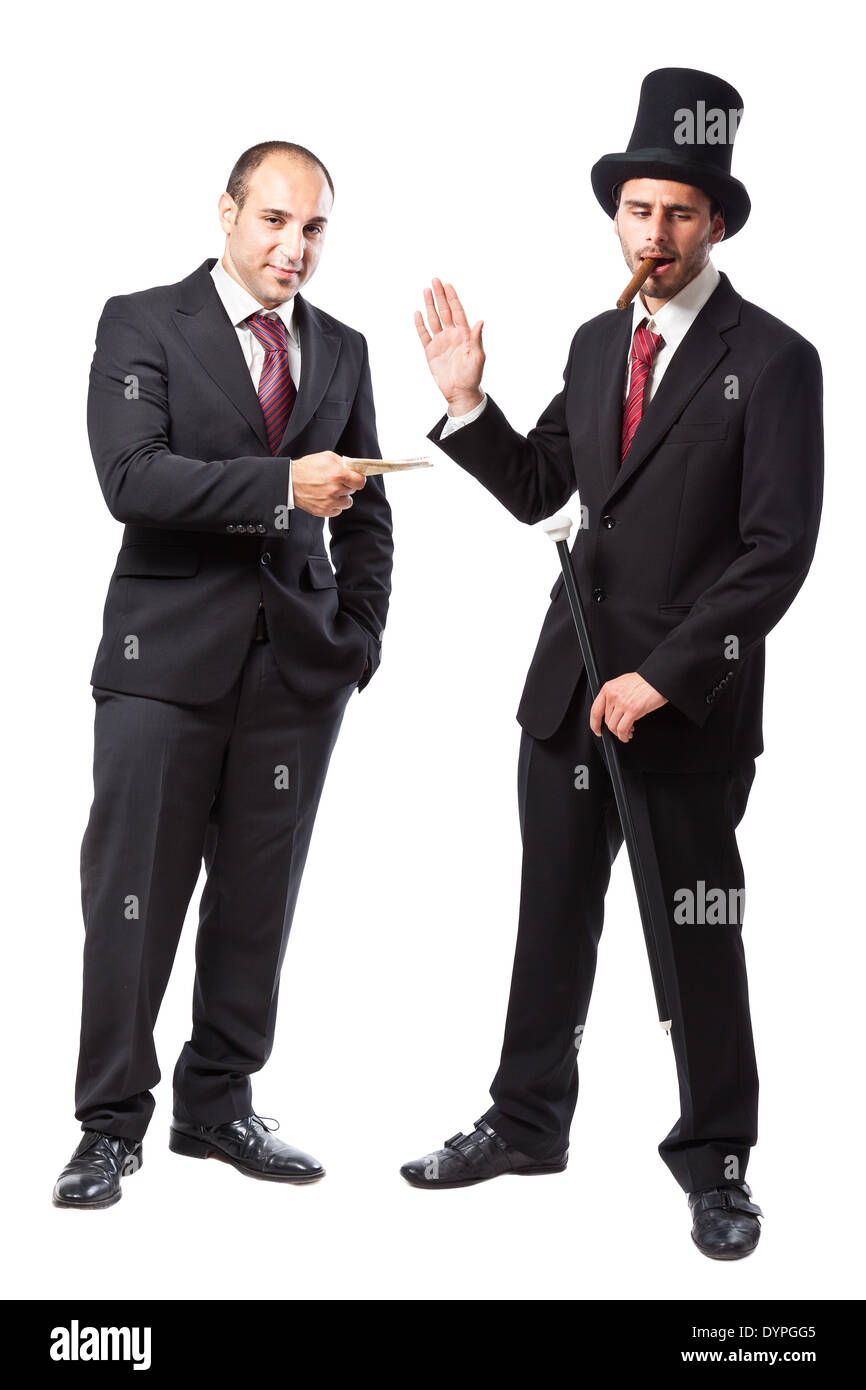 Un homme d'affaires de donner 50 euros à un riche aristocrate avec haut de forme et canne de marche Banque D'Images