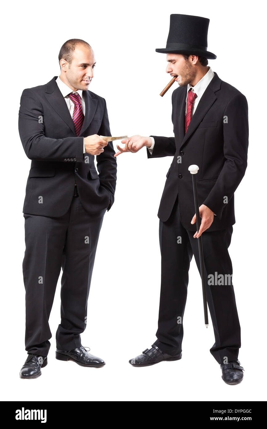 Un homme d'affaires de donner 50 euros à un riche aristocrate avec haut de forme et canne de marche Banque D'Images
