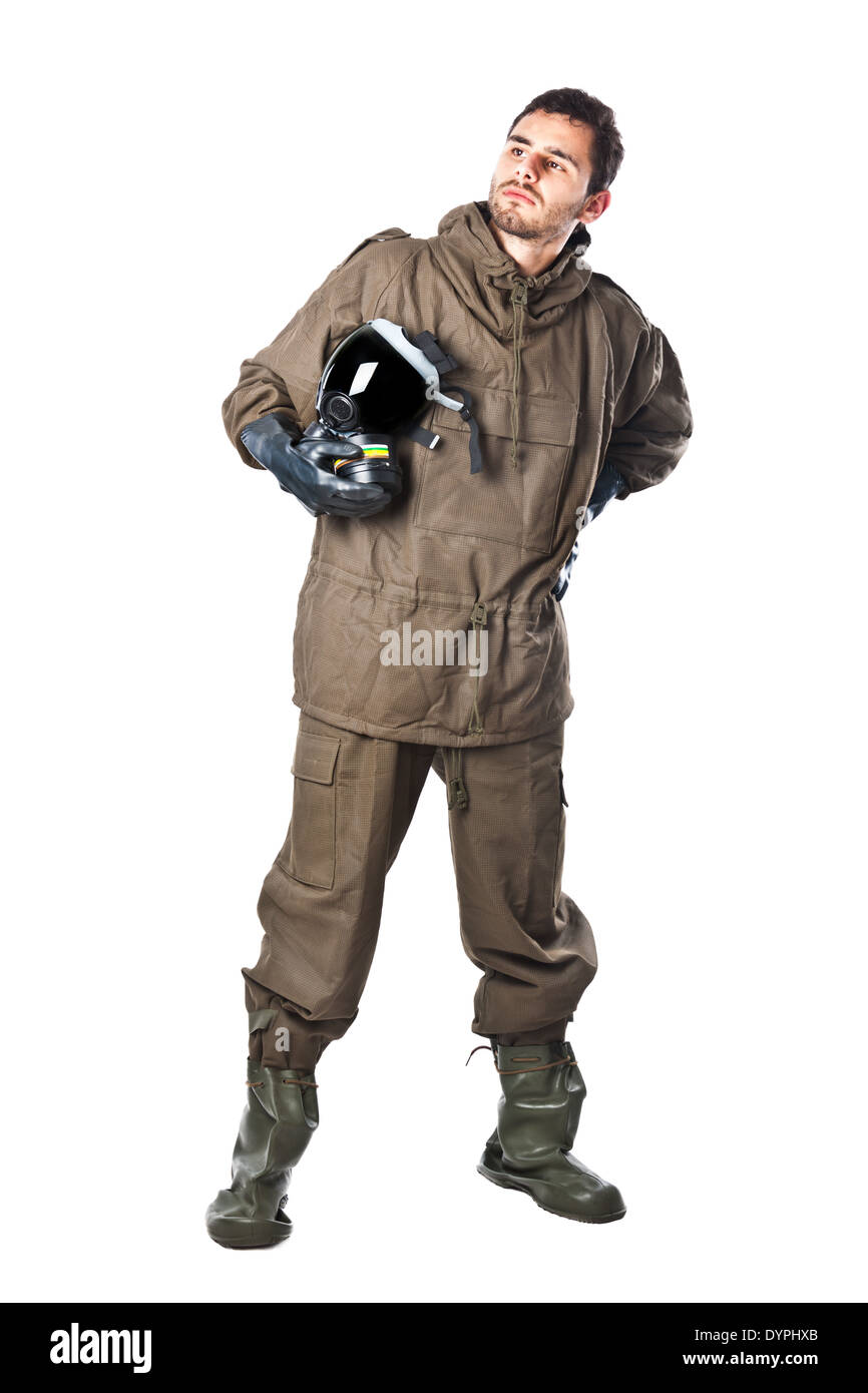 Un homme portant une combinaison NBC (Nucléaire - Biologique - chimique) Banque D'Images