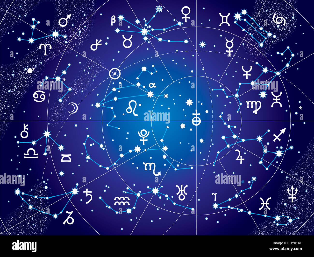 XII des constellations de zodiaque et ses planètes les souverains. Tableau céleste astrologique. (Plan d'Ultraviolet version). Banque D'Images