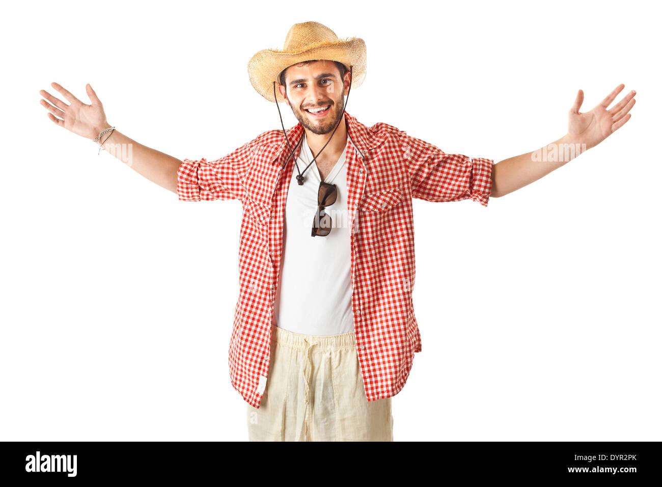 Un jeune, attractive male dans un costume coloré prêt à voyager en tant que touriste un stéréotype Banque D'Images