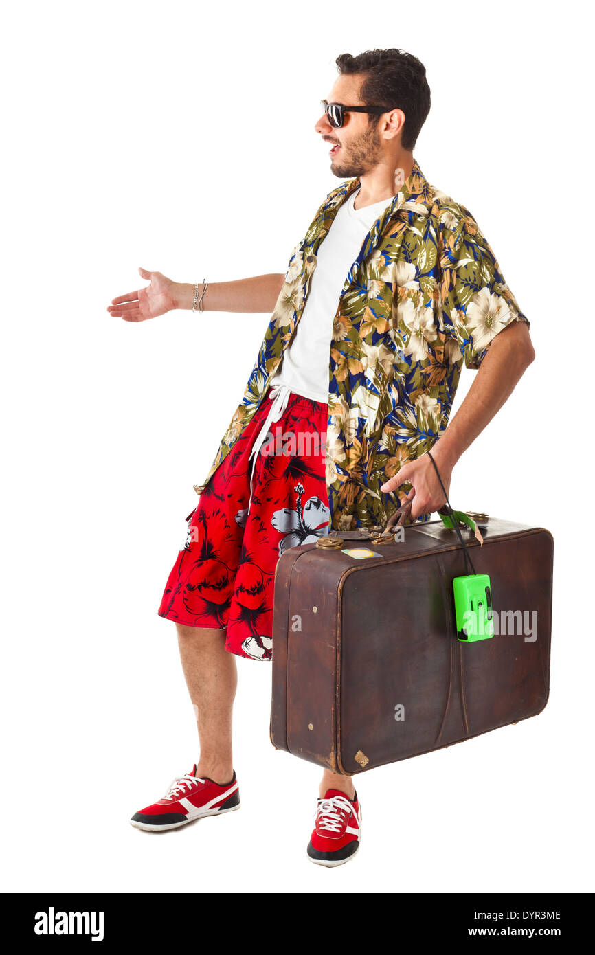 Un jeune, attractive male dans un costume coloré prêt à voyager en tant que touriste un stéréotype Banque D'Images
