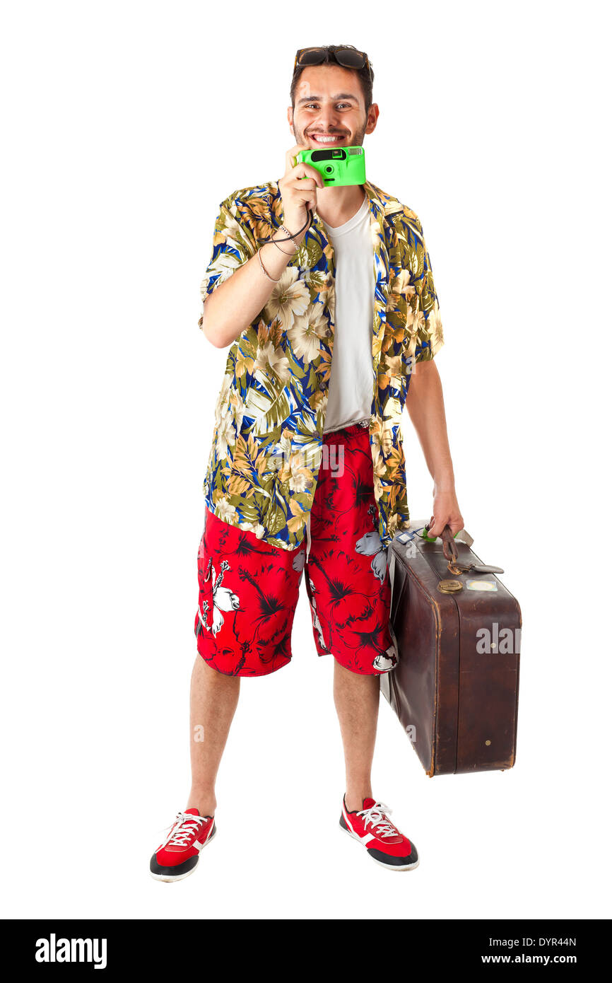 Un jeune, attractive male dans un costume coloré prêt à voyager en tant que touriste un stéréotype Banque D'Images