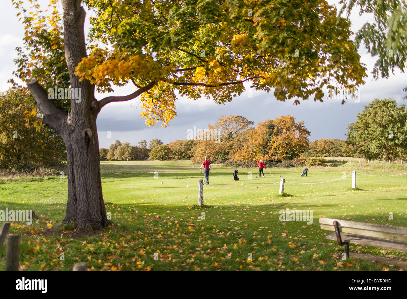 Les golfeurs jouant dans un beau paysage d'automne d'un terrain de golf dans la région de Wimbledon, Londres, UK Banque D'Images