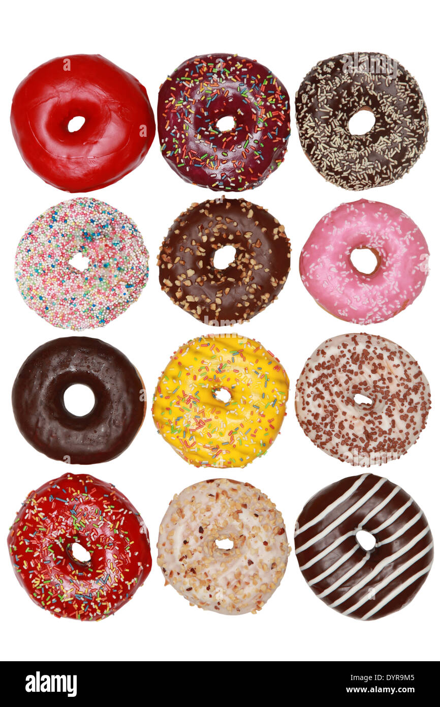Collection de nombreuses couleurs donuts, isolé sur fond blanc Banque D'Images