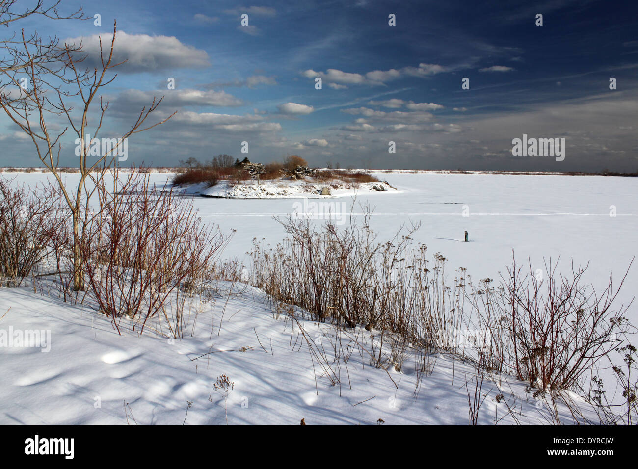 Petite île dans le parc Tommy Thompson, Toronto, Ontario, Canada vu plus gelé et recouvert de neige le lac Ontario Banque D'Images