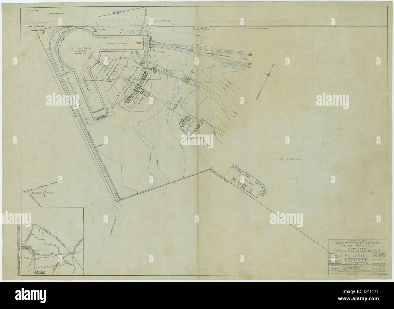 Cette carte illustre le parc d'État de Balmorhea au Texas, mettant en évidence les caractéristiques du parc développé par le Civilian conservation corps (CCC). La conception du parc souligne sa valeur historique et récréative. Banque D'Images